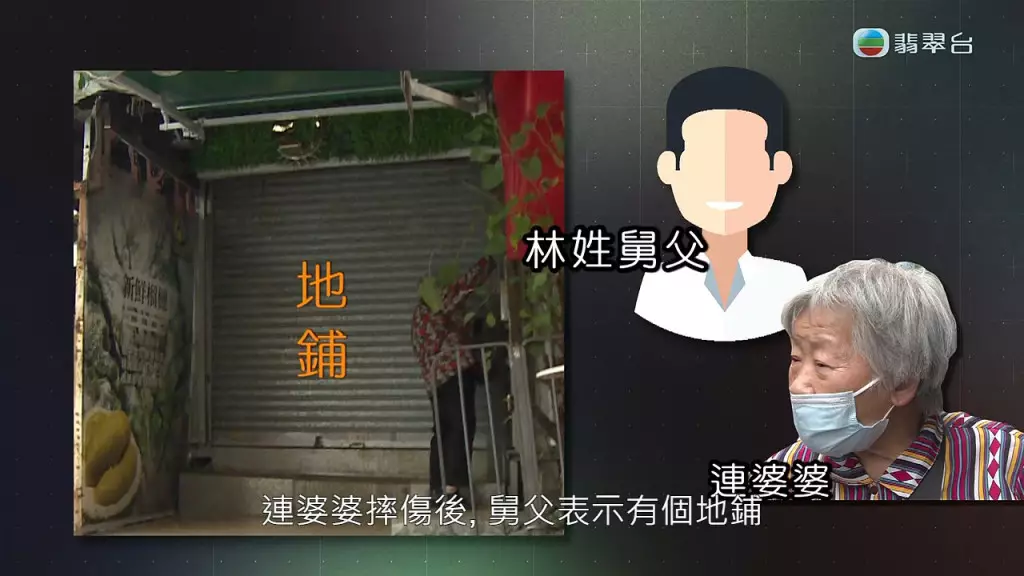 有日婆婆從樓梯上跌倒腰部受傷,林姓舅父向婆婆提出交易,由婆婆委託律師趕走欠租租客再裝修,之後地舖一半地方讓婆婆居住。