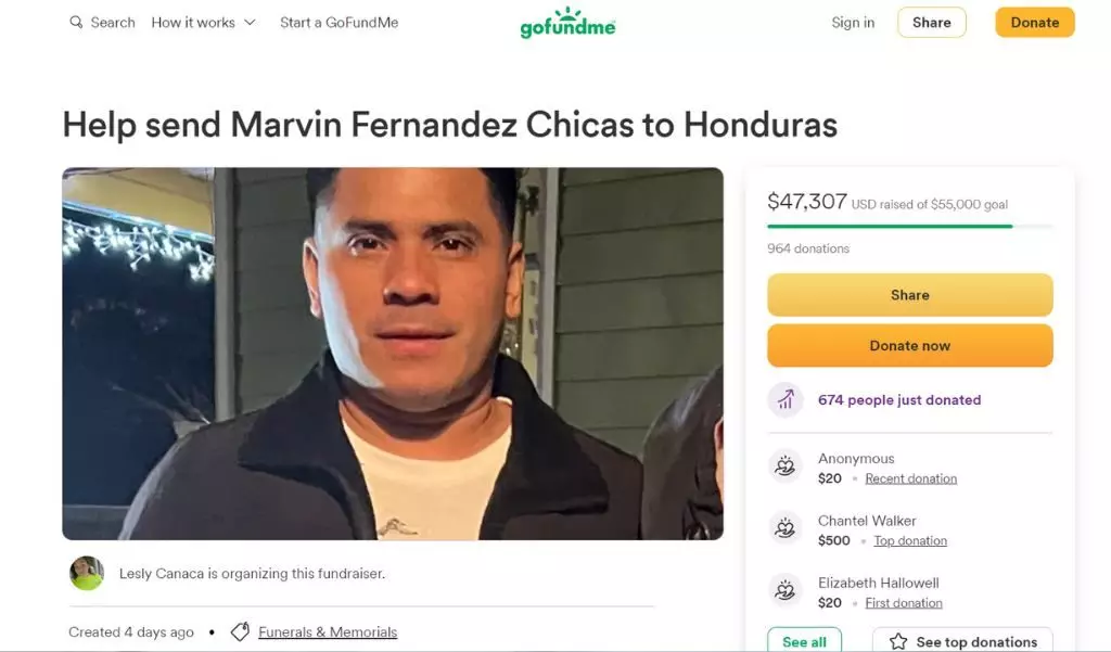 死者家人正籌錢將遺體運返洪都拉斯。gofundme網站截圖