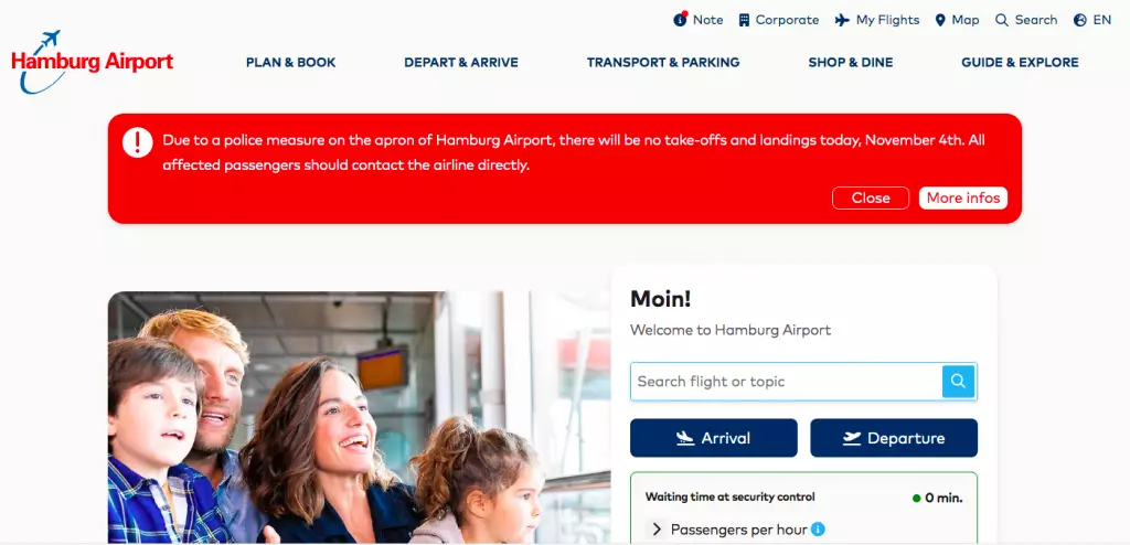 漢堡機場網站顯示，機場因警方行動而暫停所有航班升降。