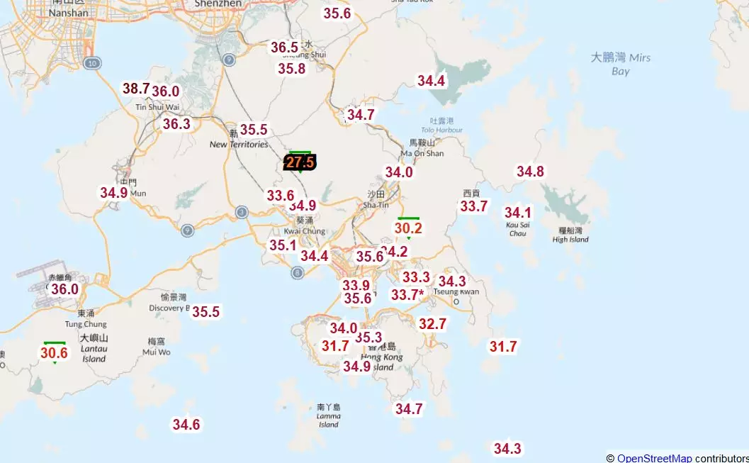 流浮山氣溫更高達38.7度,打破相關氣象站自1985年設立以來的最高紀錄。 天文台網頁截圖