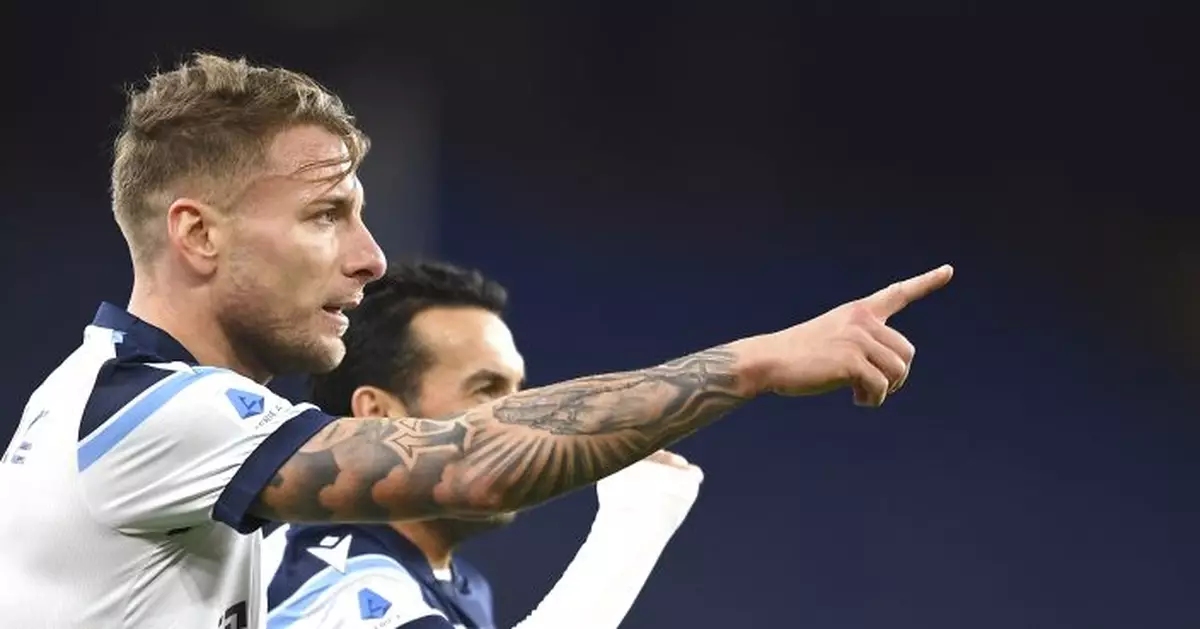 Immobile scores 2 as 10-man Lazio wins 3-1 at Sampdoria