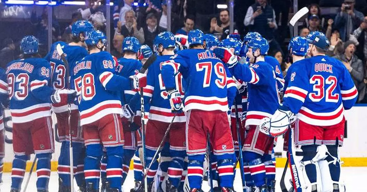 Rangers become 1st NHL team to clinch playoff berth, beat Flyers 6-5 on Fox's quick goal in OT