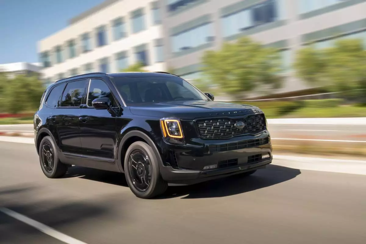 This photo provided by Kia shows the 2021 Telluride. The Telluride is a standout pick for a used three-row SUV thanks to its combination of comfort, utility and value. (Courtesy of Kia America via AP)