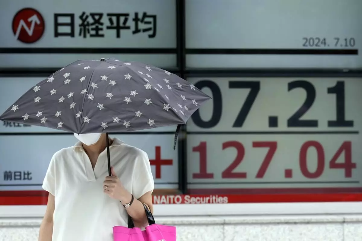 A person walks in front of an electronic stock board showing Japan's Nikkei index at a securities firm Wednesday, July 10, 2024, in Tokyo. (AP Photo/Eugene Hoshiko)