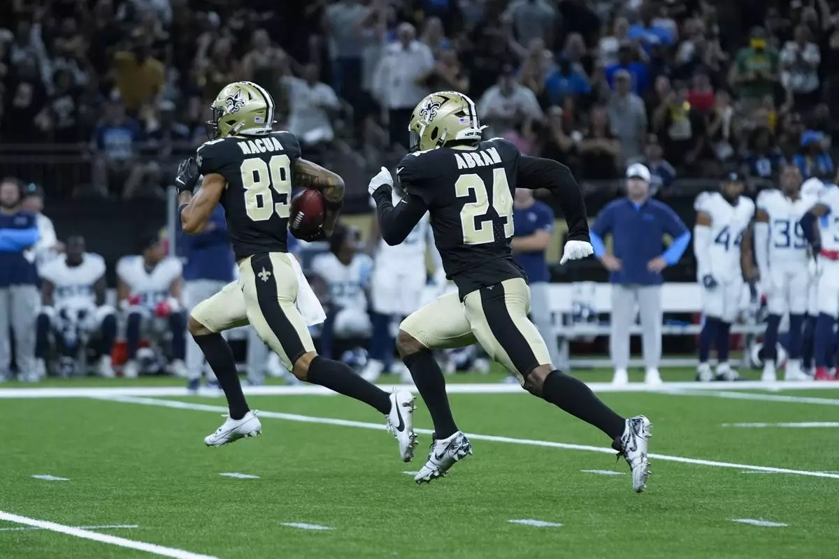 New Orleans Saints wide receiver Samson Nacua (89) returns a missed field goal during the first half of an NFL preseason football game against the Tennessee Titans, Sunday, Aug. 25, 2024, in New Orleans. (AP Photo/Gerald Herbert)