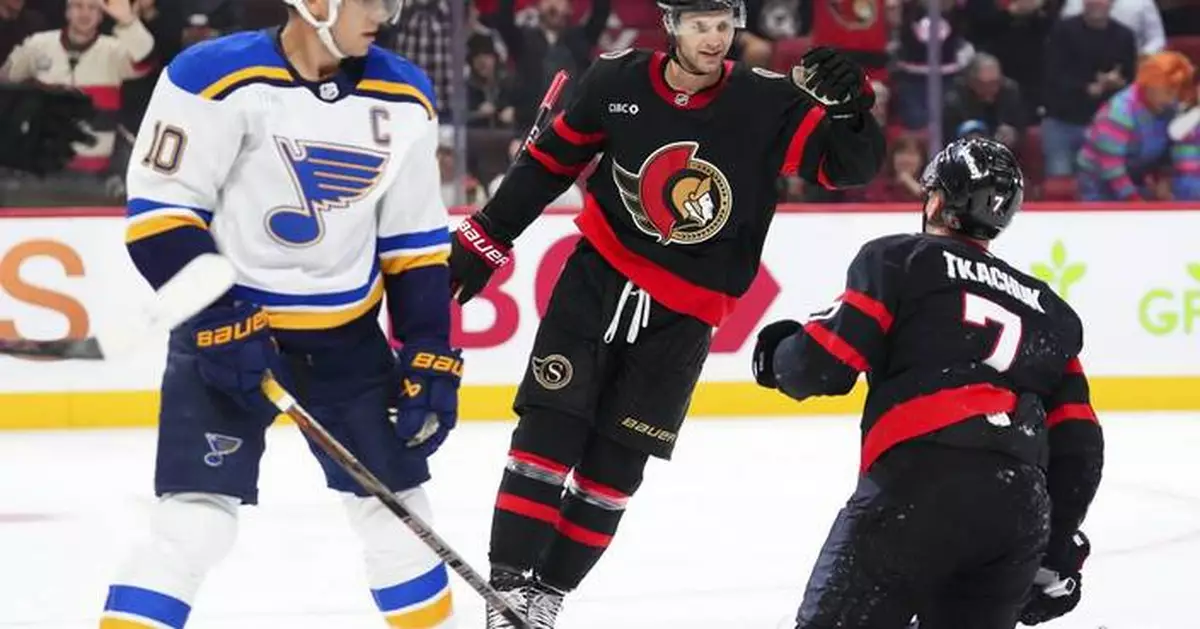 Tkachuk, Stützle and Gaudette score two goals each as the Senators beat the Blues 8-1