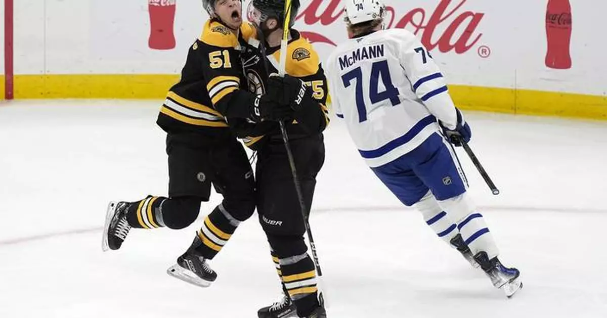 Marchand gets 1st goal of season in OT to lift Bruins to 43 win over