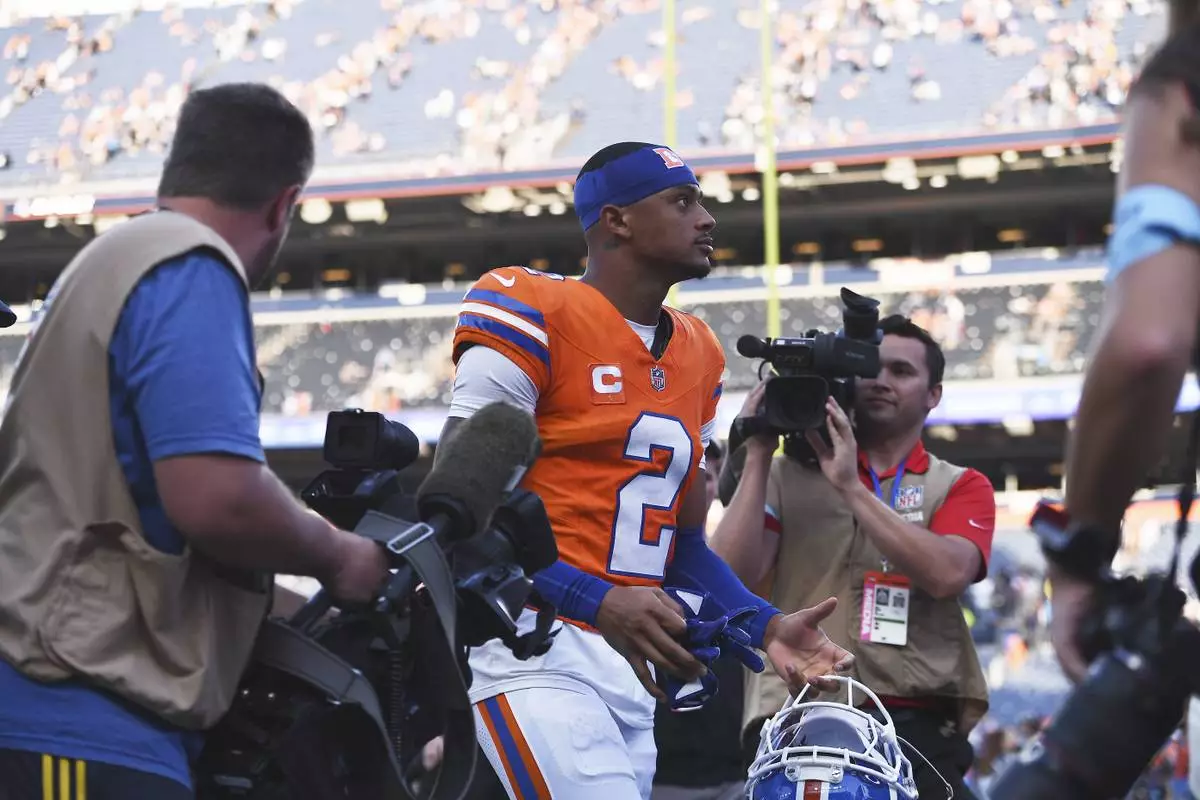 Denver Broncos cornerback Pat Surtain II heads off the field after an NFL football game against the Las Vegas Raiders, Sunday, Oct. 6, 2024, in Denver. (AP Photo/Geneva Heffernan)