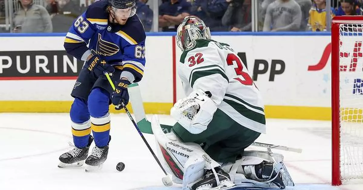 Goalie Gustavsson makes 27 saves, scores an empty-netter, Wild beat Blues 4-1