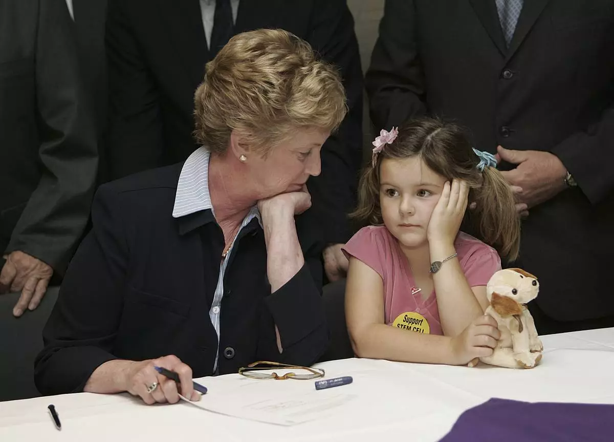 FILE - Connecticut Gov. M. Jodi Relland Natasha Phaneuf wait for Gov. Rell to sign into law a bill establishing a stem cell research fund and banning human cloning at the University of Connecticut Health Center in Farmington, Conn., June 15, 2005. (AP Photo/Bob Child, File)