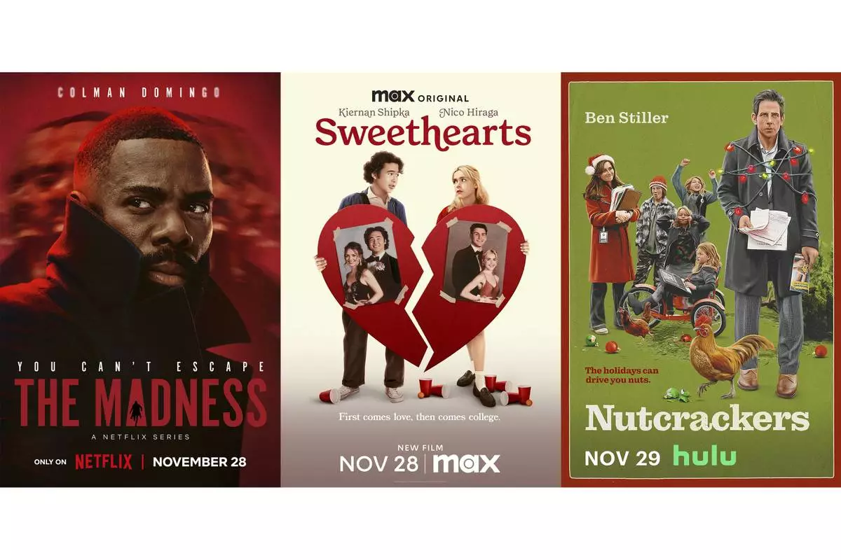 This combination of images shows promotional art for the series "The Madness," left, the film "Sweethearts," center, and the film "Nutcrackers." (Netflix/Max/Hulu via AP)