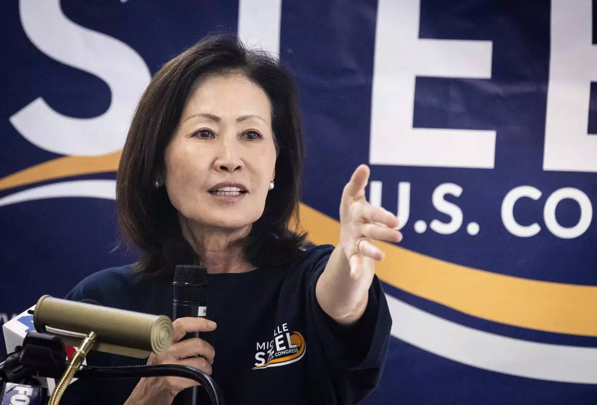 FILE - U.S. Rep. Michelle Steel, R-Calif., addresses supporters at her election office in Buena Park, Calif., Monday, Nov. 4, 2024. (Paul Bersebach/The Orange County Register via AP, File)