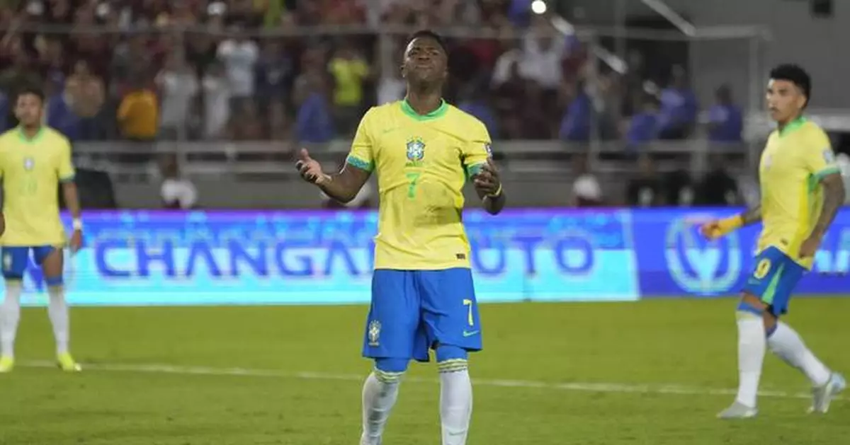 Vinicius misses penalty as Brazil draws 1-1 at Venezuela in World Cup qualifying