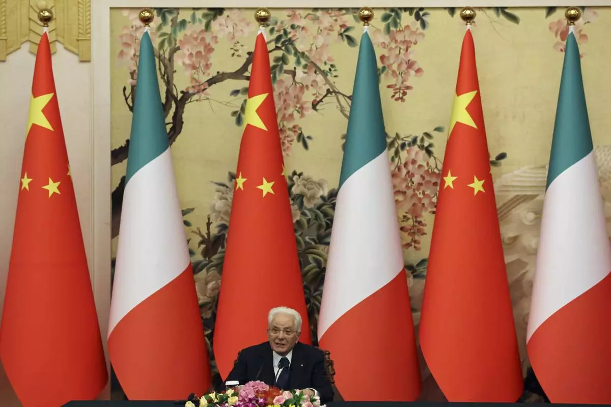 Italian President Sergio Mattarella speaks before a signing ceremony at the Great Hall of the People in Beijing, Friday, Nov. 8, 2024. (Florence Lo/Pool Photo via AP)