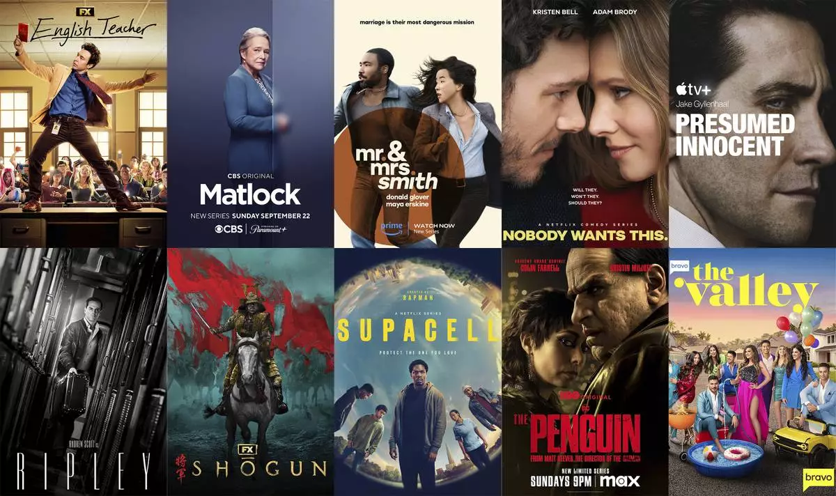 This combination of photos shows promotional art for TV series, top row from left, "English Teacher," "Matlock," "Mr. & Mrs. Smith," "Nobody Wants This," and "Presumed Innocent," and bottom row from left, "Ripley," "Shogun," "Supacell," "The Penguin," and "The Valley." (FX/CBS/Amazon Prime/Netflix/Apple TV+/Nettflix/FX/Netflix/Max/Bravo via AP)