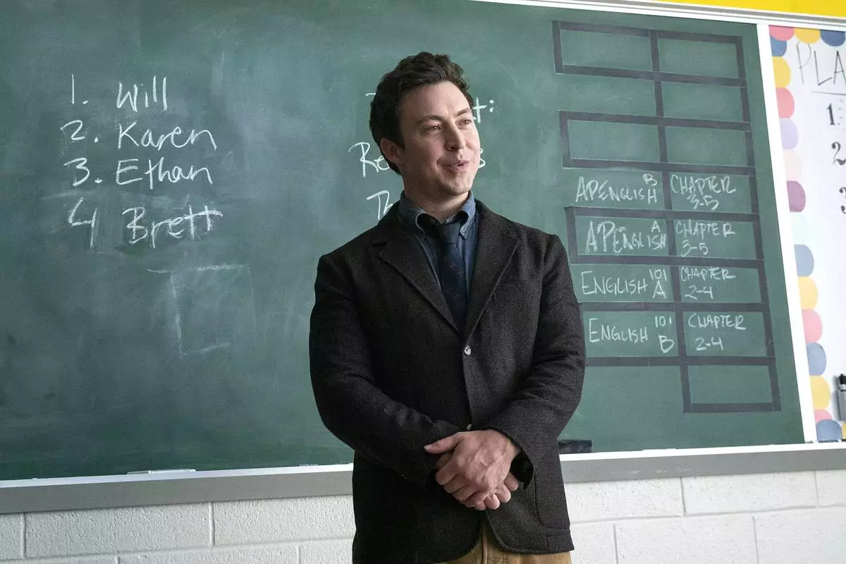This image released by FX shows Brian Jordan Alvarez in a scene from "English Teacher." (Richard Ducree/FX via AP)
