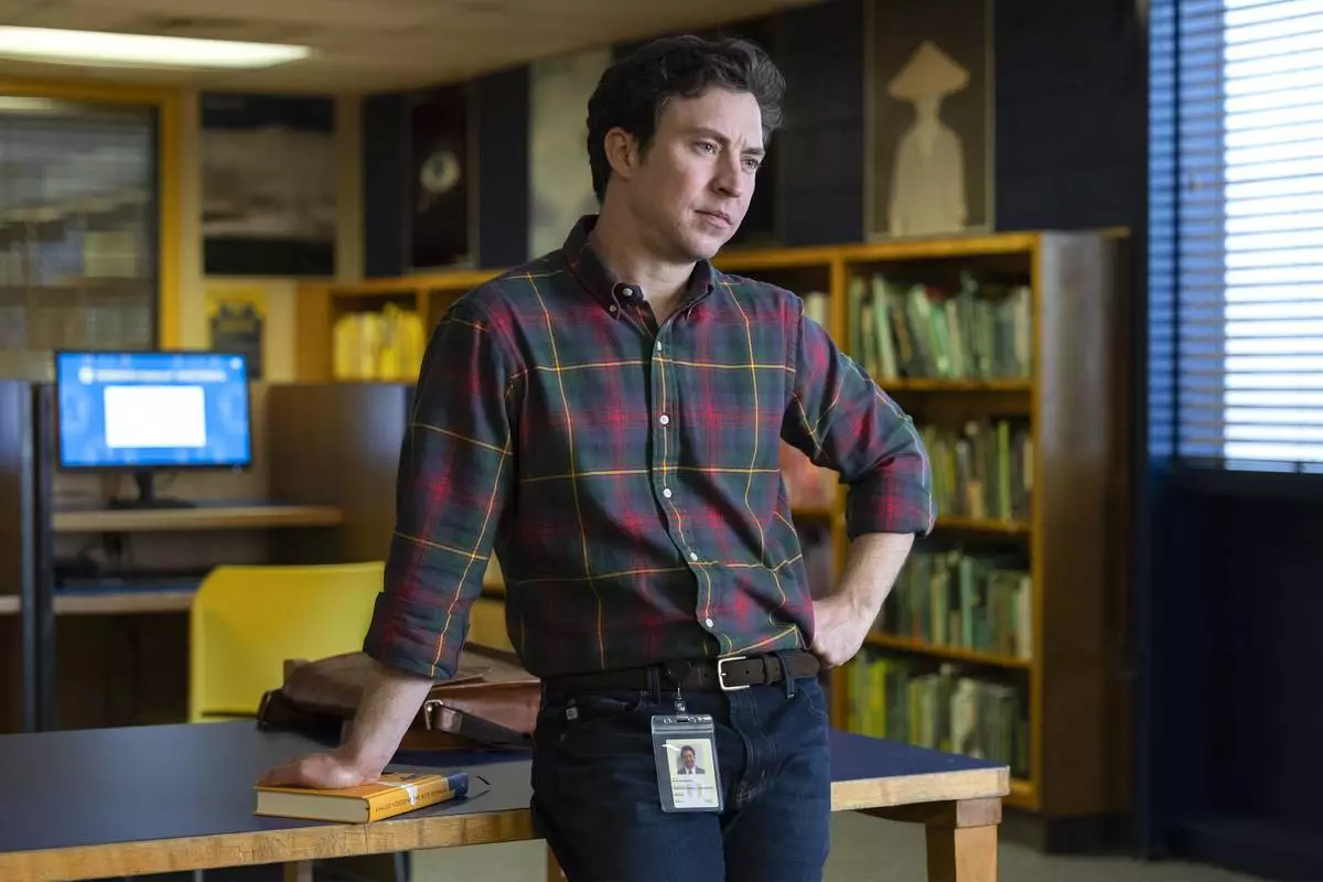 This image released by FX shows Brian Jordan Alvarez in a scene from "English Teacher." (Steve Swisher/FX via AP)