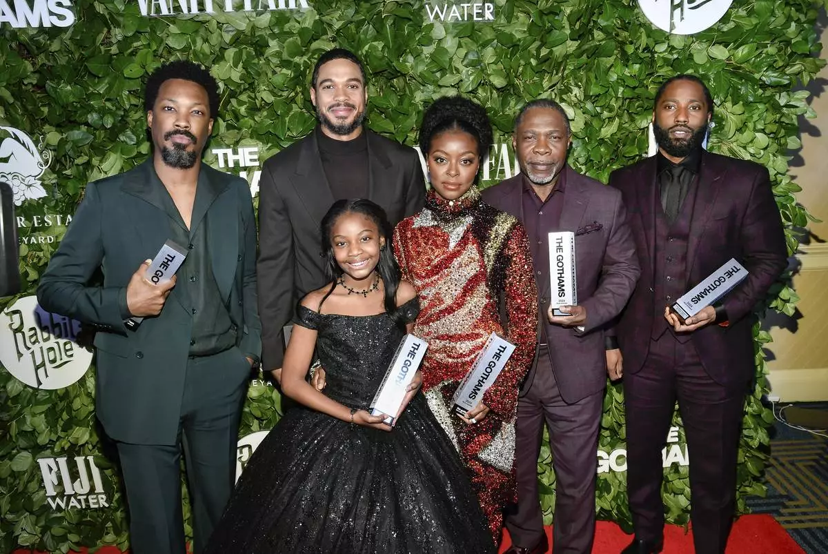 Actors Corey Hawkins, from left, Ray Fisher, Skylar Aleece Smith, Danielle Deadwyler, Michael Potts, and John David Washington pose with their ensemble tribute awards for "The Piano Lesson" during The Gothams Film Awards at Cipriani Wall Street on Monday, Dec. 2, 2024, in New York. (Photo by Evan Agostini/Invision/AP)