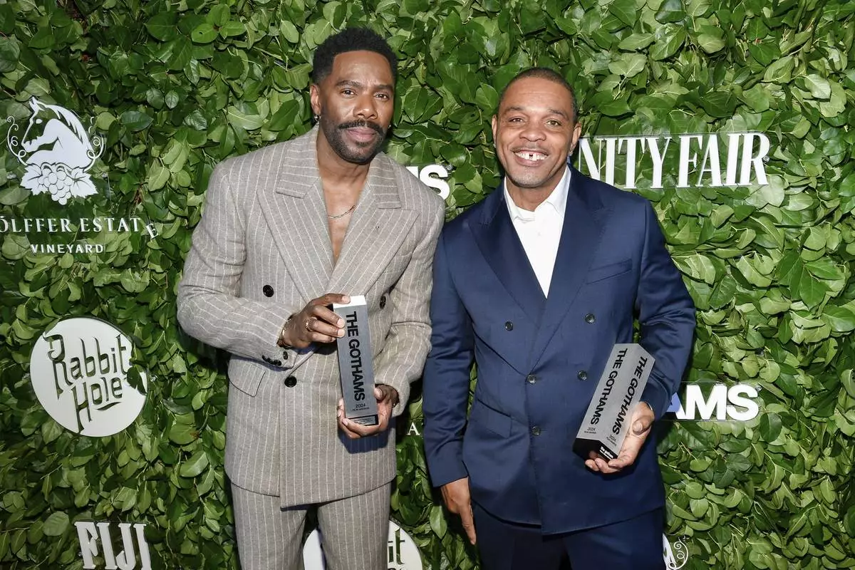 Colman Domingo, left, and Clarence Maclin pose with their social justice tribute awards for "Sing Sing" during The Gothams Film Awards at Cipriani Wall Street on Monday, Dec. 2, 2024, in New York. (Photo by Evan Agostini/Invision/AP)