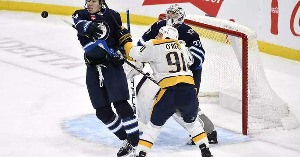 Connor Hellebuyck makes 22 stops and Gabriel Vilardi scores twice to lift Jets over Predators 3-0