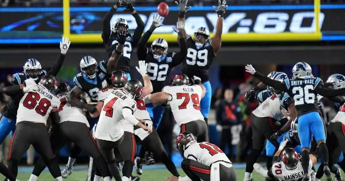 McLaughlin's field goal in OT helps Bucs beat Panthers 26-23, move into 1st-place tie in NFC South