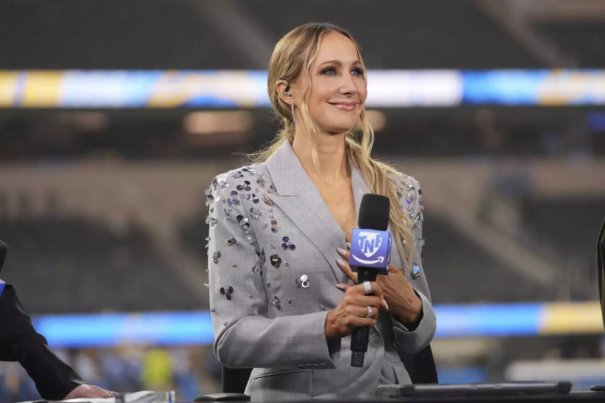 Nikki Glaser participates in a segment after an NFL football game between the Los Angeles Chargers and the Denver Broncos, Thursday, Dec. 19, 2024, in Inglewood, Calif. (AP Photo/Eric Thayer)