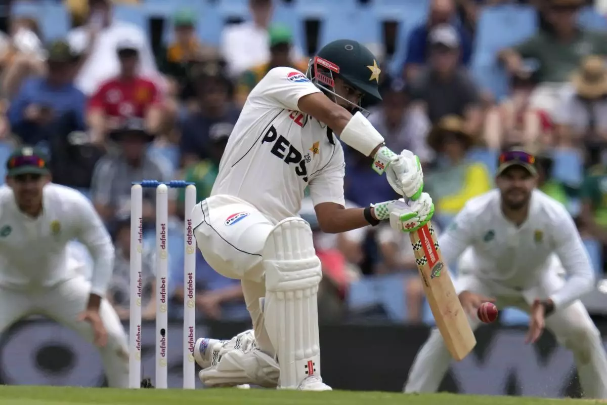 Pakistan's Saud Shakeel plays a shot during day one of the Test cricket match between South Africa and Pakistan, at the Centurion Park in Centurion, South Africa, Thursday, Dec. 26, 2024. (AP Photo/Themba Hadebe)