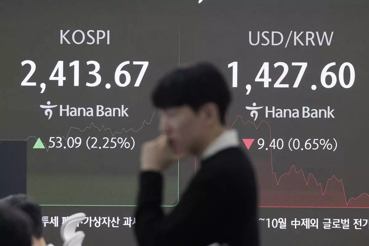 A currency trader watches monitors near a screen showing the Korea Composite Stock Price Index (KOSPI), left, and the foreign exchange rate between U.S. dollar and South Korean won at the foreign exchange dealing room of the KEB Hana Bank headquarters in Seoul, South Korea, Tuesday, Dec. 10, 2024. (AP Photo/Ahn Young-joon)