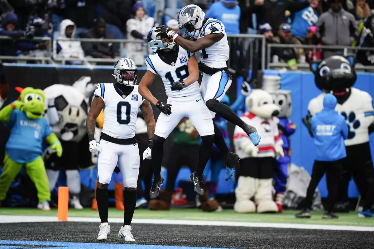 Carolina Panthers wide receiver Jalen Coker (18) celebrates after scoring against the Dallas Cowboys during the first half of an NFL football game, Sunday, Dec. 15, 2024, in Charlotte, N.C. (AP Photo/Jacob Kupferman)