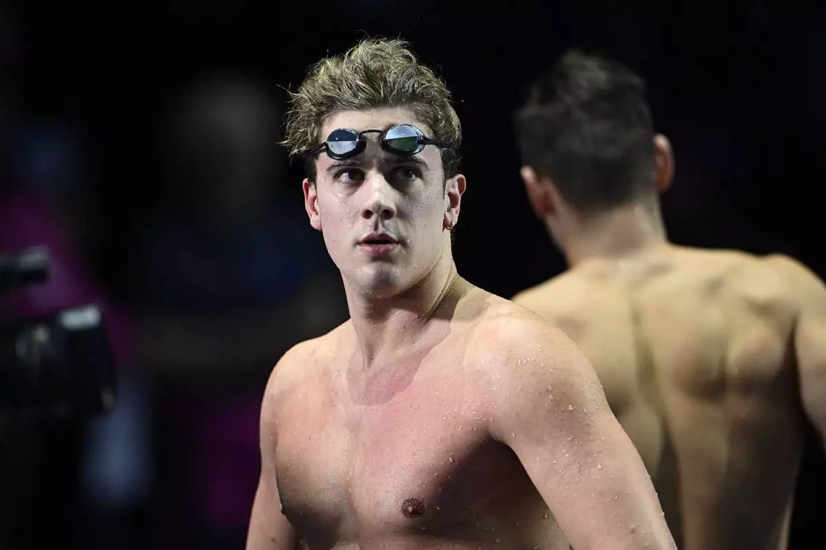 Noe Ponti of Switzerland reacts after competing in the Men's 50m Butterfly on day one of the World Short Course Swimming Championships in Budapest, Hungary, Tuesday, Dec. 10, 2024. (AP Photo/Denes Erdos)