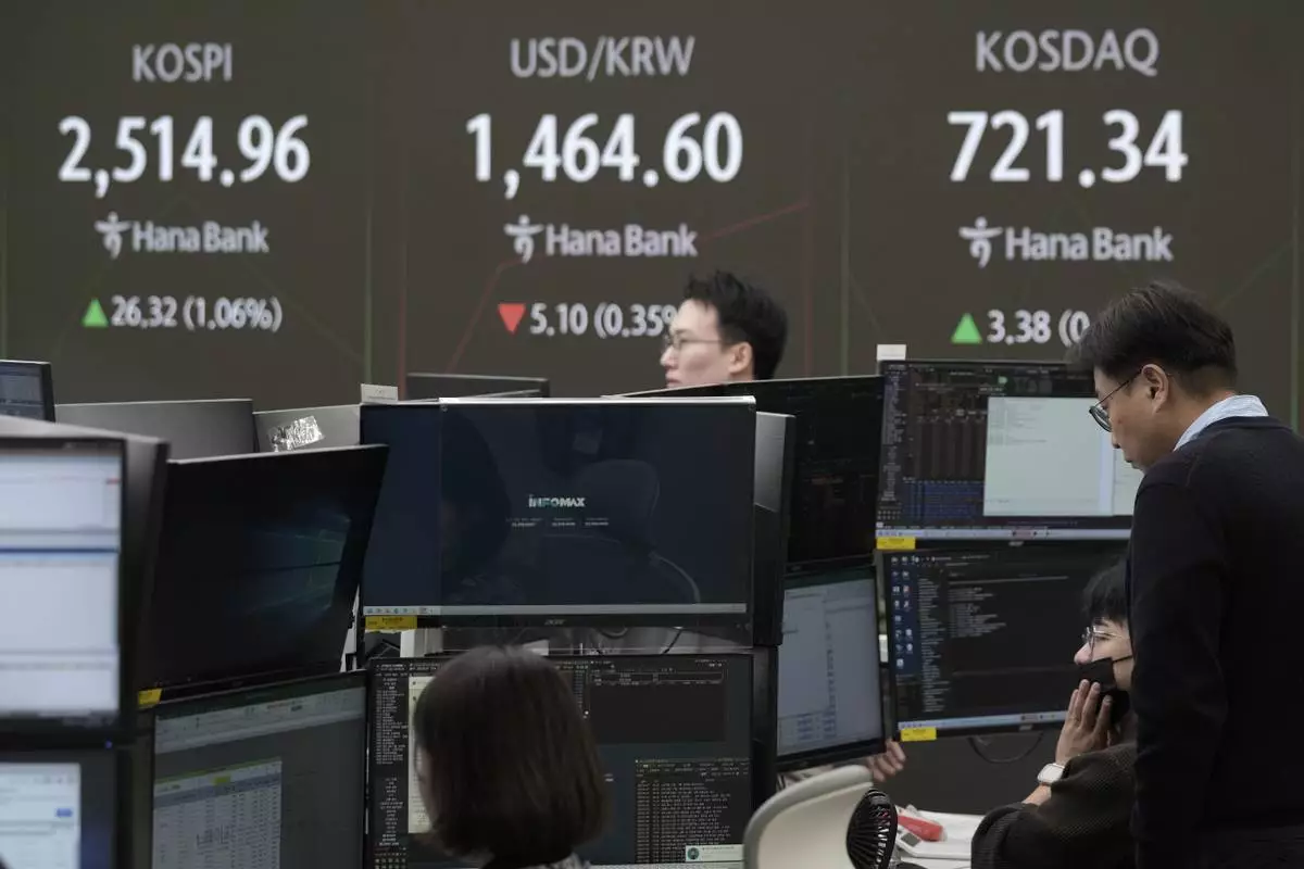 Currency traders work near a screen showing the Korea Composite Stock Price Index (KOSPI), top left, and the foreign exchange rate between U.S. dollar and South Korean won, top center, at the foreign exchange dealing room of the KEB Hana Bank headquarters in Seoul, South Korea, Tuesday, Jan. 7, 2025. (AP Photo/Ahn Young-joon)