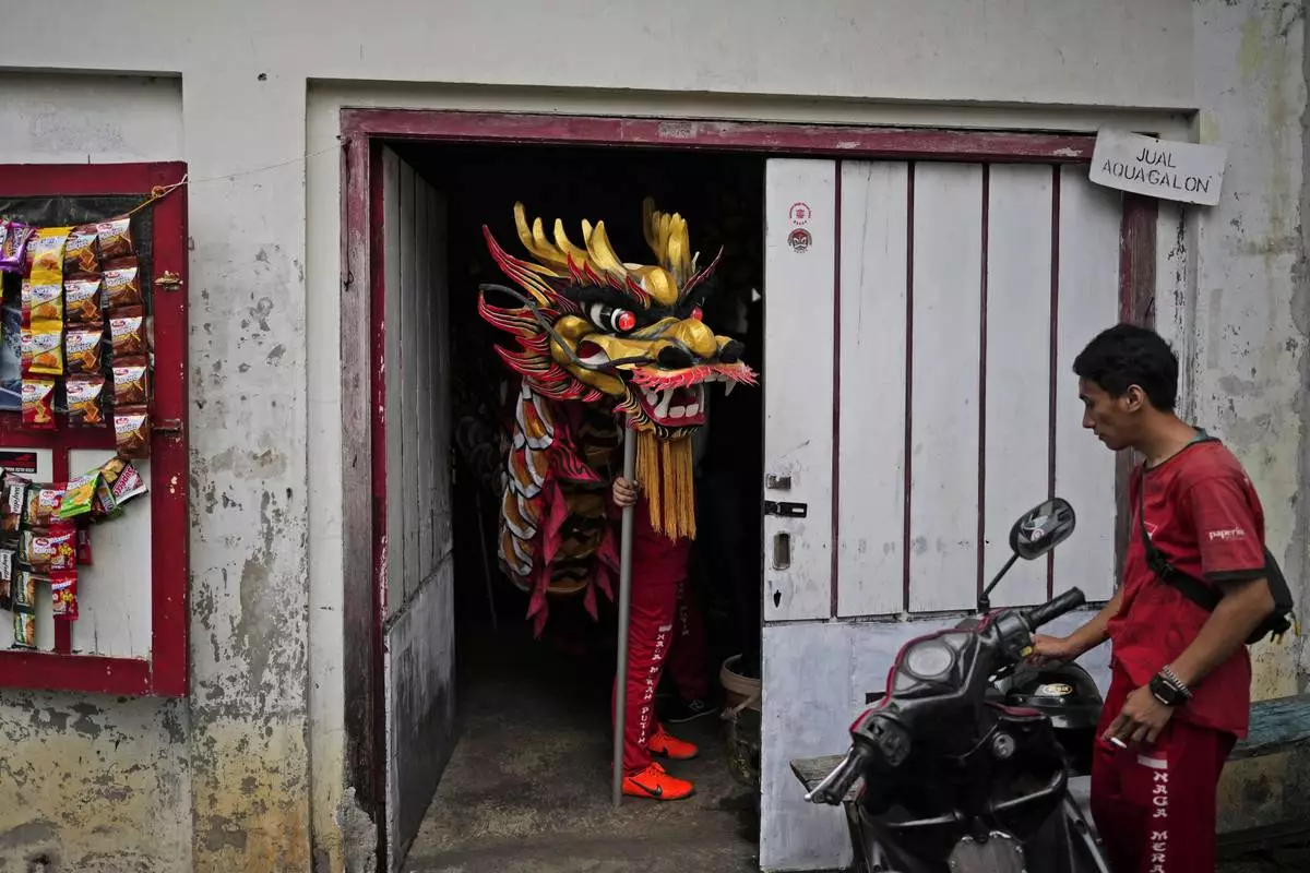 A member of dragon dance club Naga Merah Putih (Red White Dragon), named after Indonesian national colors, holds a dragon puppet as he and his team prepare to leave for a shopping mall to perform in a Lunar New Year celebration, in Bogor, West Java, Indonesia, Sunday, Jan. 26, 2025. (AP Photo/Dita Alangkara)