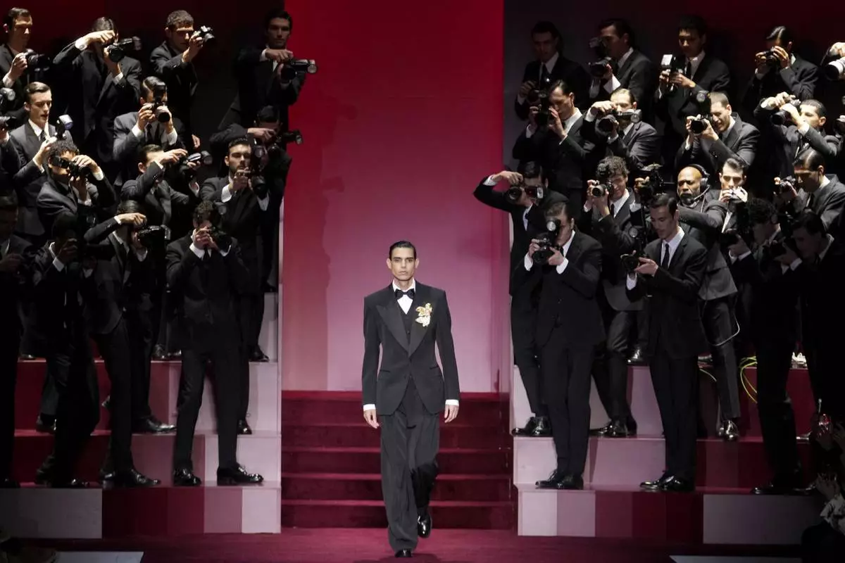 A model wears a creation part of the men's Dolce &amp; Gabbana Fall-Winter 2025-2026 collection, that was presented in Milan, Italy, Saturday, Jan. 18, 2025. (AP Photo/Luca Bruno)