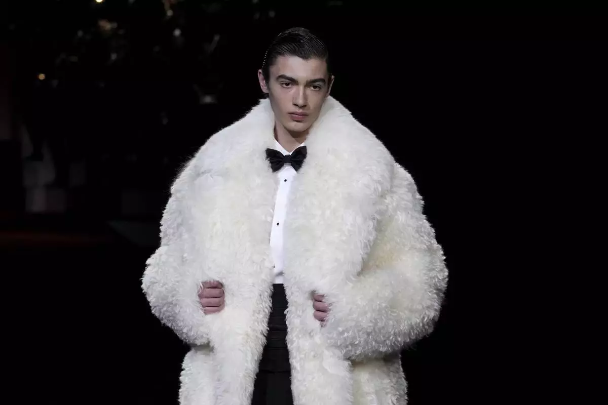 A model wears a creation part of the men's Dolce &amp; Gabbana Fall-Winter 2025-2026 collection, that was presented in Milan, Italy, Saturday, Jan. 18, 2025. (AP Photo/Luca Bruno)