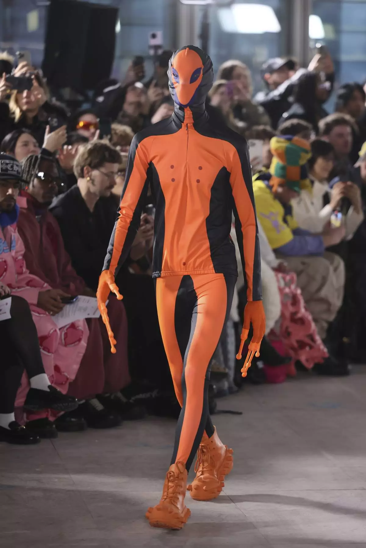 A model wears a creation as part of the men's Walter van Beirendonck Fall-Winter 2025-2026 collection, that was presented in Paris, Wednesday, Jan. 22, 2025. (AP Photo/Thomas Padilla).