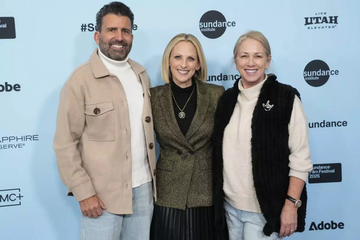 John Maucere, from left, Marlee Matlin, and Liz Tannebaum attend the premiere of "Marlee Matlin: Not Alone Anymore" during the Sundance Film Festival on Thursday, Jan. 23, 2025, at Eccles Theatre in Park City, Utah. (Photo by Charles Sykes/Invision/AP)