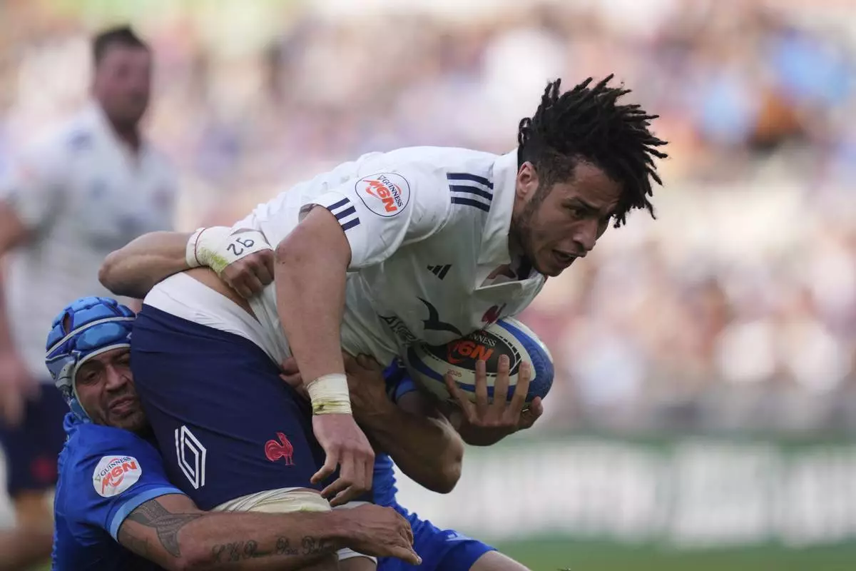 France's Mickael Guillard in action, during the Six Nations rugby union match between Italy and France at the Olympic stadium, in Rome, Sunday, Feb. 23, 2025. (Alfredo Falcone/LaPresse via AP)