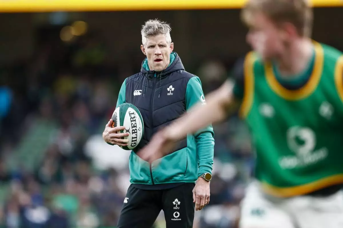 Ireland's interim coach Simon Easterby watches as his team warms-up before the Six Nations rugby union match between Ireland and England at the Aviva Stadium in Dublin, Saturday, Feb. 1, 2025. (AP Photo/Peter Morrison)