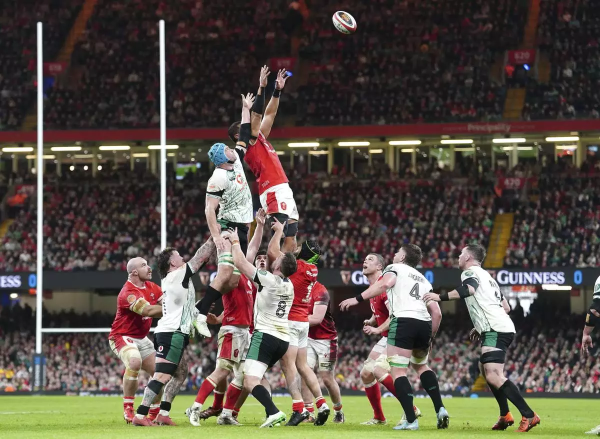 Wales' Taulupe Faletau wins a line-out, during the Six Nations rugby match between Wales and Ireland, at the Principality Stadium, in Cardiff, Wales, Saturday, Feb. 22, 2025. (David Davies/PA via AP)