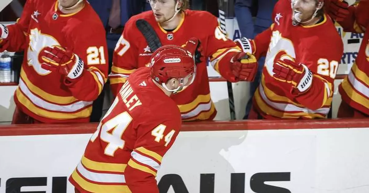 Hanley's 1st goal of the season lifts Flames past Sharks 3-2