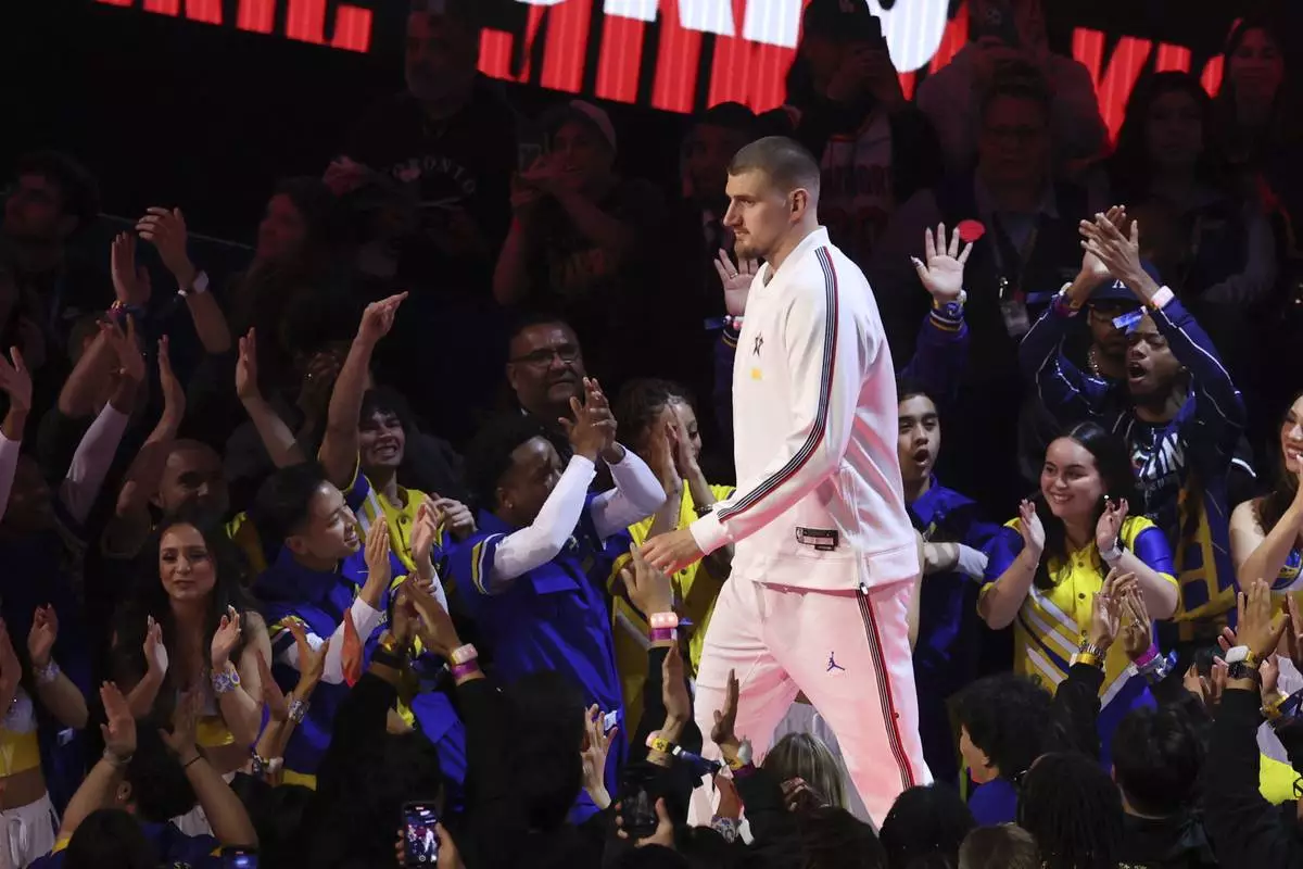 Denver Nuggets center Nikola Jokic is introduced during the NBA All-Star basketball game Sunday, Feb. 16, 2025, in San Francisco. (AP Photo/Jed Jacobsohn)
