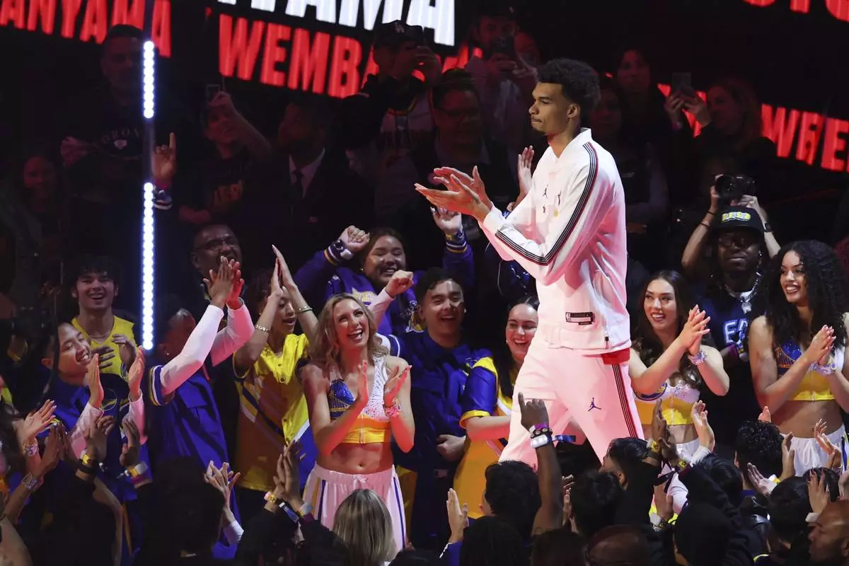 San Antonio Spurs center Victor Wembanyama is introduced during the NBA All-Star basketball game Sunday, Feb. 16, 2025, in San Francisco. (AP Photo/Jed Jacobsohn)