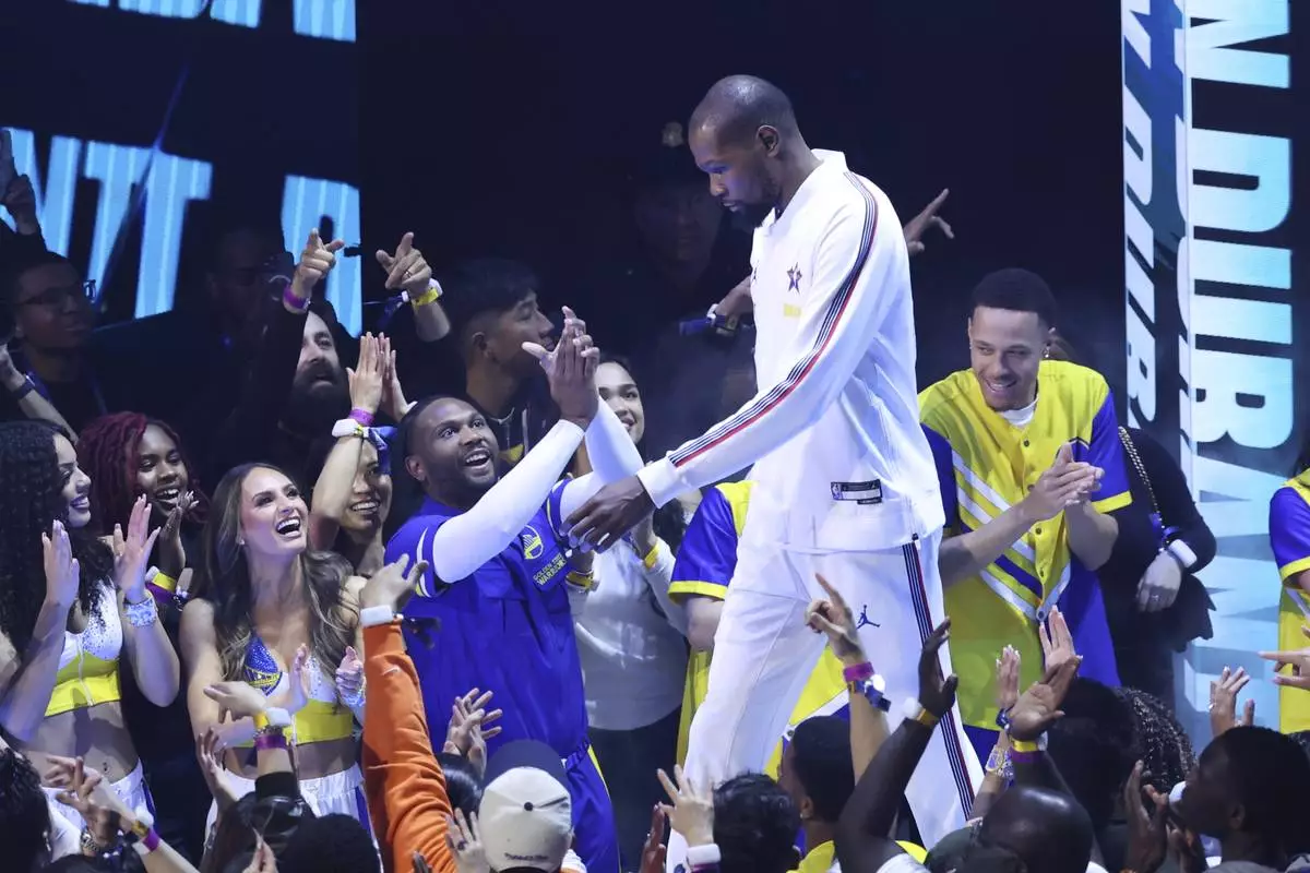 Phoenix Suns forward Kevin Durant is introduced during the NBA All-Star basketball game Sunday, Feb. 16, 2025, in San Francisco. (AP Photo/Jed Jacobsohn)