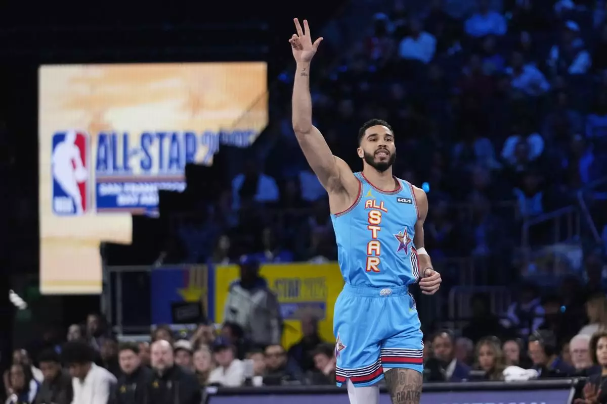 Boston Celtics guard Jayson Tatum celebrates during the NBA All-Star basketball game Sunday, Feb. 16, 2025, in San Francisco. (AP Photo/Godofredo A. Vásquez)