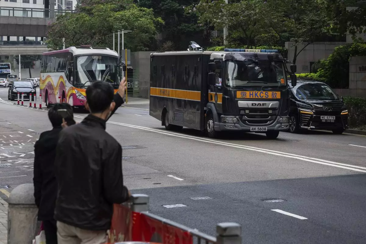 CORRECTS THE YEAR - A Correctional Services prison van arrives at the District Court ahead of the sentencing on a riot case involving a former pro-democracy lawmaker Lam Cheuk-ting in Wan Chai, Hong Kong on Thursday, Feb. 27, 2025. (AP Photo/Chan Long Hei)