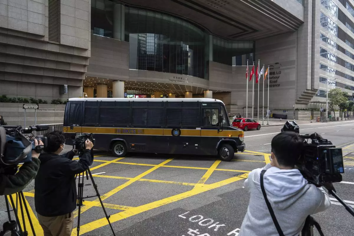CORRECTS THE YEAR - A Correctional Services prison van arrives at the District Court ahead of the sentencing on a riot case involving a former pro-democracy lawmaker Lam Cheuk-ting in Wan Chai, Hong Kong on Thursday, Feb. 27, 2025. (AP Photo/Chan Long Hei)