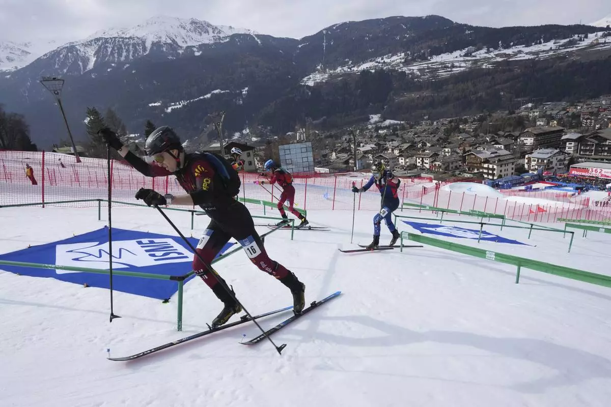 Athletes compete during the men's sprint race at the Ski Mountaineering World Cup event in Bormio, Italy, Saturday, Feb. 22, 2025. (AP Photo/Antonio Calanni)