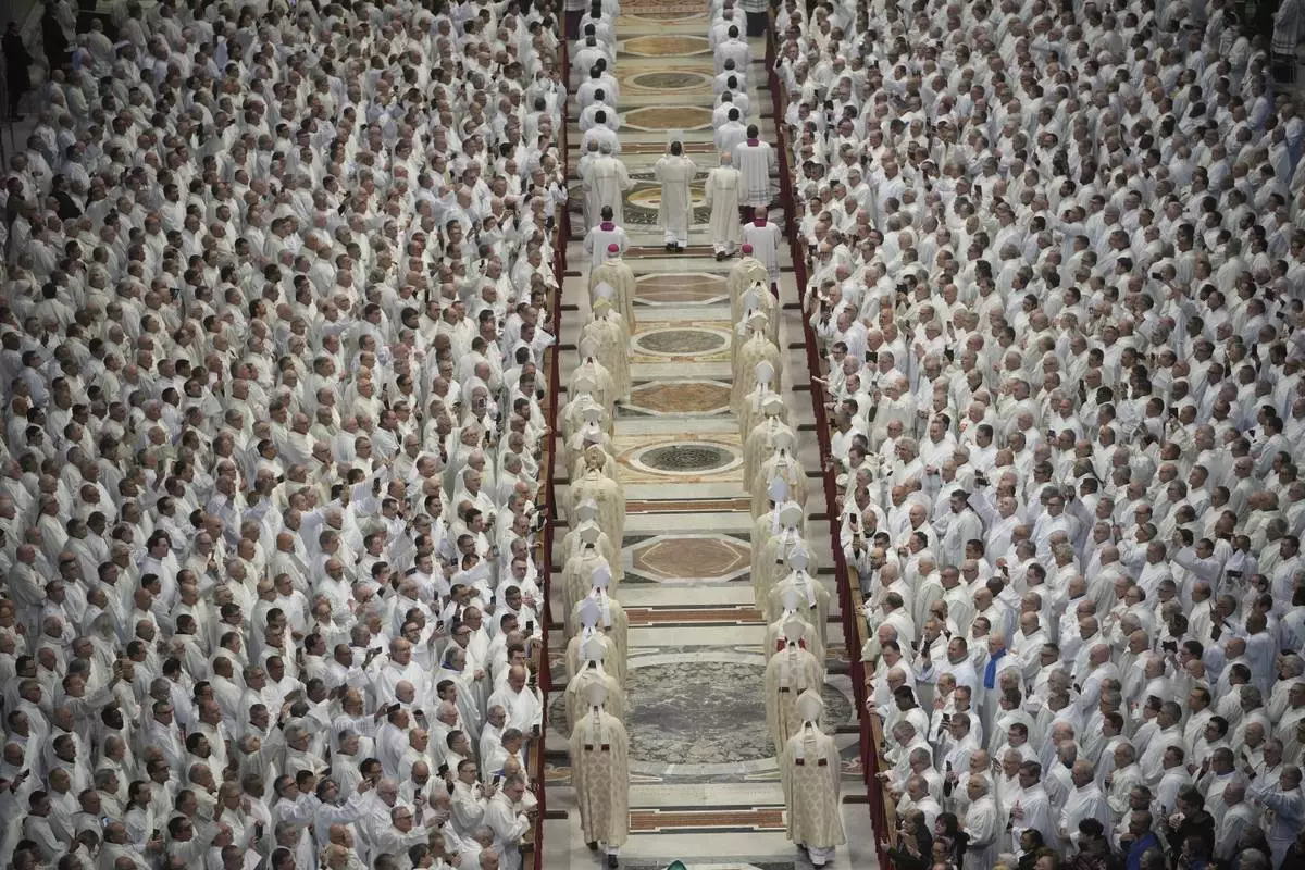 Deacons take part in a mass for their jubilee in St. Peter's Basilica at The Vatican Sunday Feb. 23, 2025 that was supposed to be presided over by Pope Francis who was admitted at Rome's Agostino Gemelli Polyclinic. (AP Photo/Alessandra Tarantino)