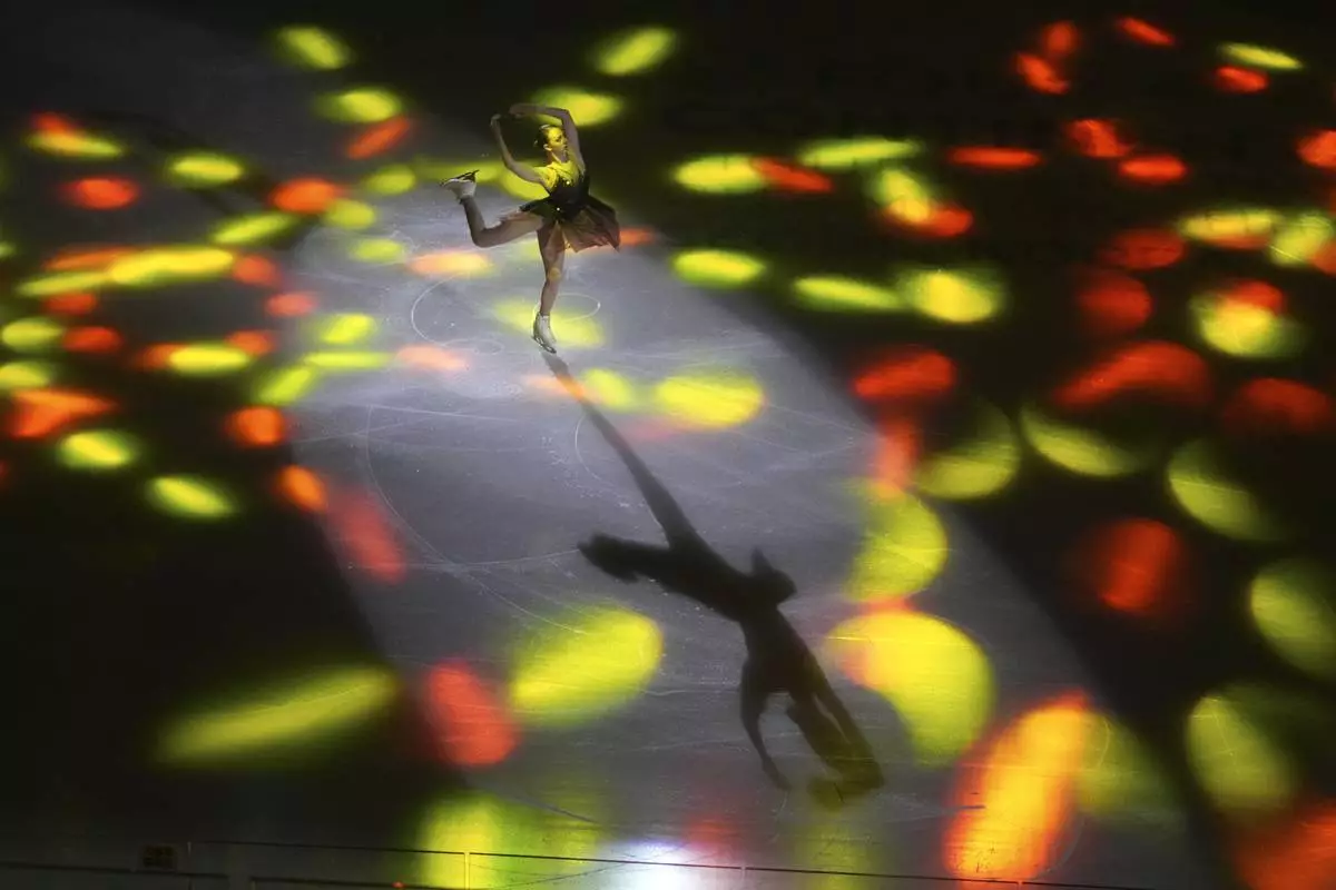 Sarah Everhardt of the U.S. performs during the gala exhibition in the ISU Four Continents Figure Skating Championships at the Mokdong ice rink in Seoul, South Korea, Sunday, Feb. 23, 2025. (AP Photo/Lee Jin-man)