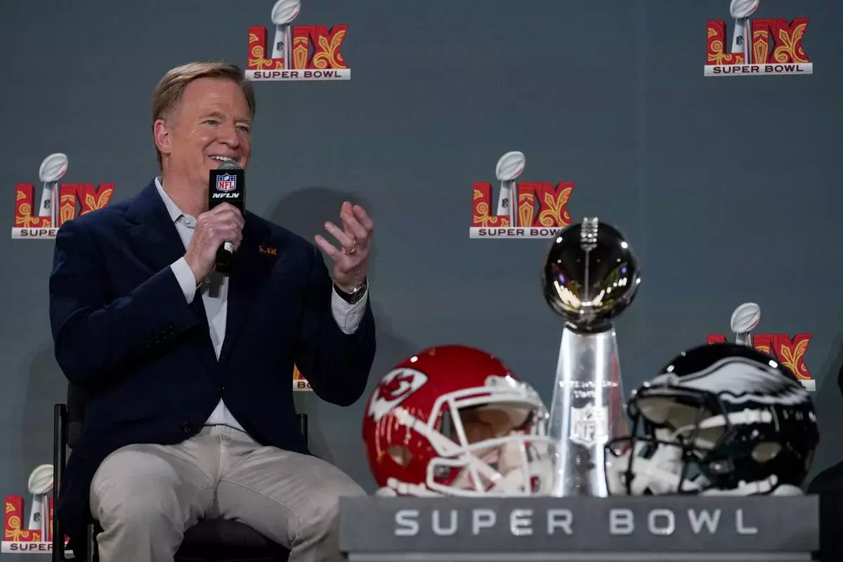 NFL commissioner Roger Goodell speaks during a news conference, Monday, Feb. 3, 2025, in New Orleans, ahead of the NFL Super Bowl 59 football game between the Philadelphia Eagles and the Kansas City Chiefs. (AP Photo/Matt York)